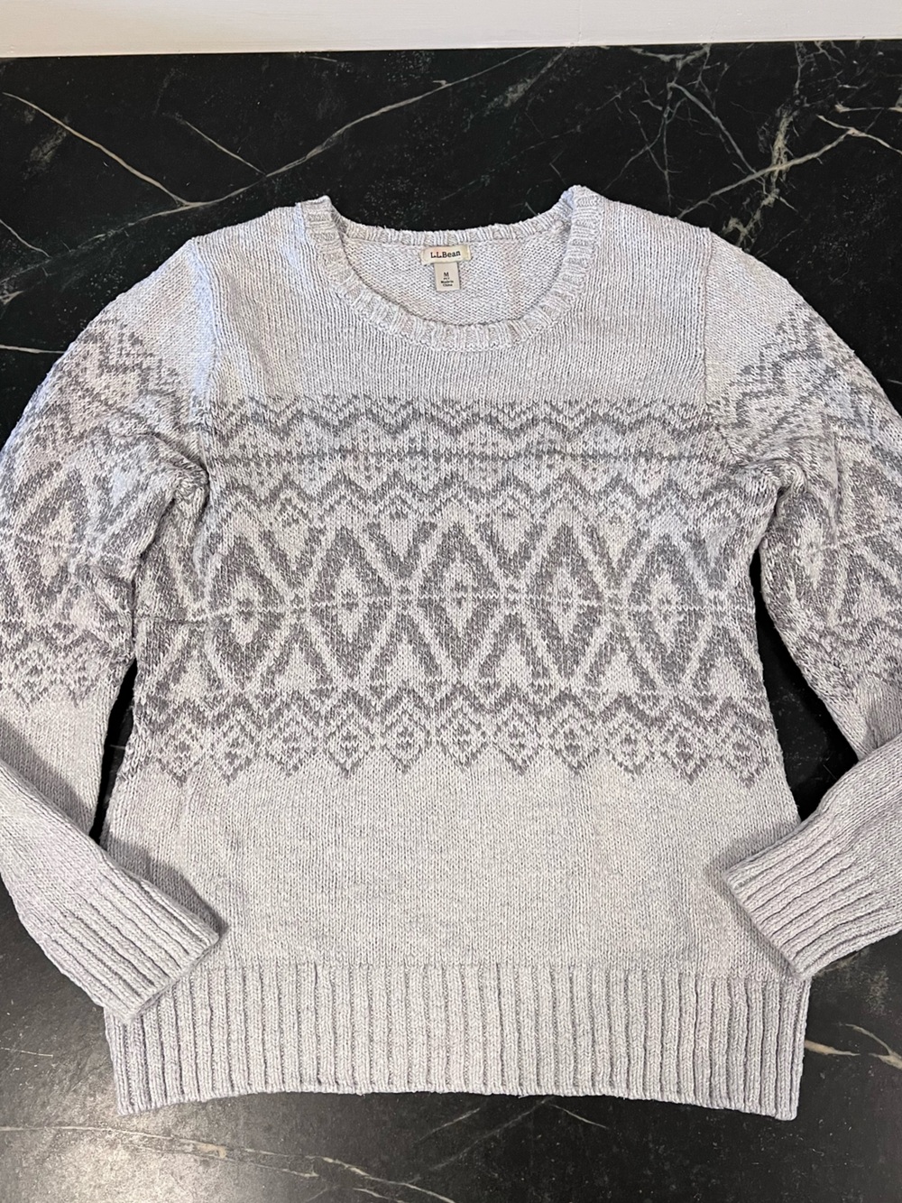 L.L. Bean Light Gray Cotton Fair Isle Crewneck Sweater